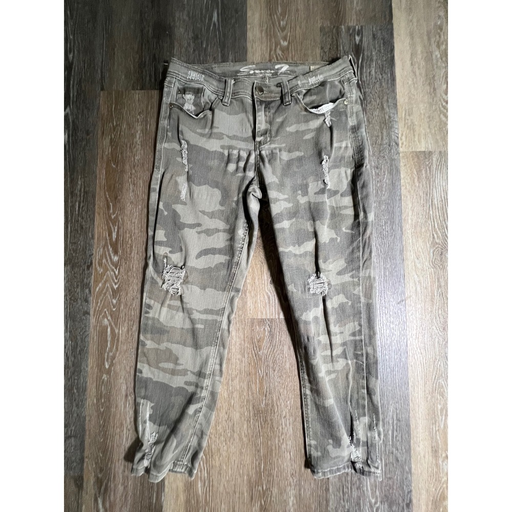 Seven7 Skinny Easy Fit Jeans Womens 12 Green Camo Distressed Ripped Denim Pants
